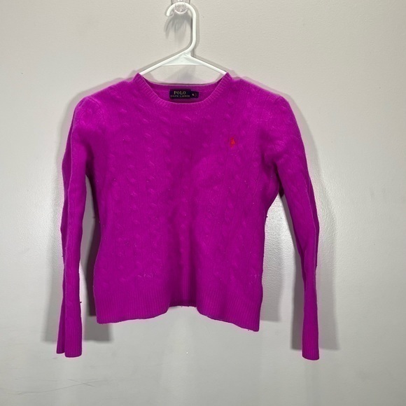 Polo Ralph Lauren Fuchsia Pink Cable Knit Wool Cashmere Blend Crewneck Sweater - Picture 2 of 11